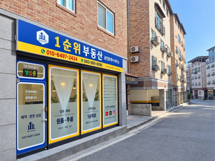 1순위부동산 출입문과 앞 골목의 모습